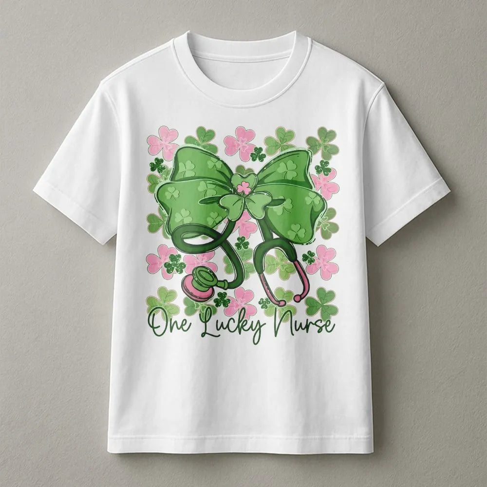 One Lucky Nurse St Patrick's Day T-Shirt | Shamrock Stethoscope Bow Graphic | 100% Cotton Premium Tee | RN Gift for Her