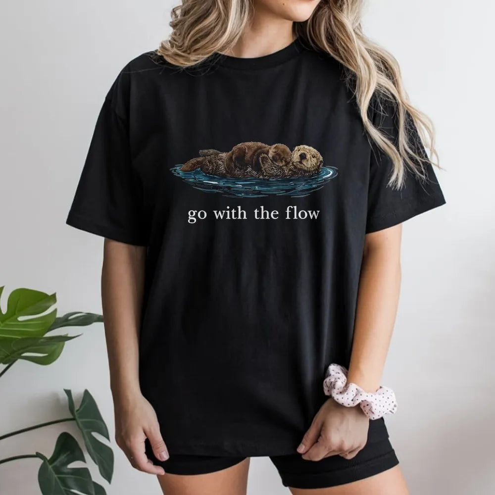Sea Otter T-Shirt | Go With The Flow Cute Animal Design | Premium 100% Cotton Tee | Gift for Nature and Wildlife Lovers