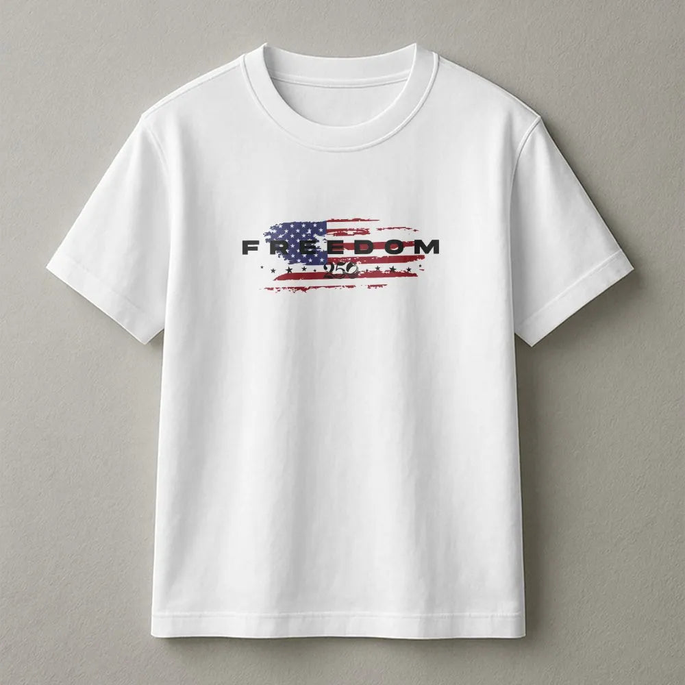 Freedom 250 T-Shirt | Distressed American Flag Graphic | 100% Cotton Premium Tee | Patriotic USA Gift for Men and Women