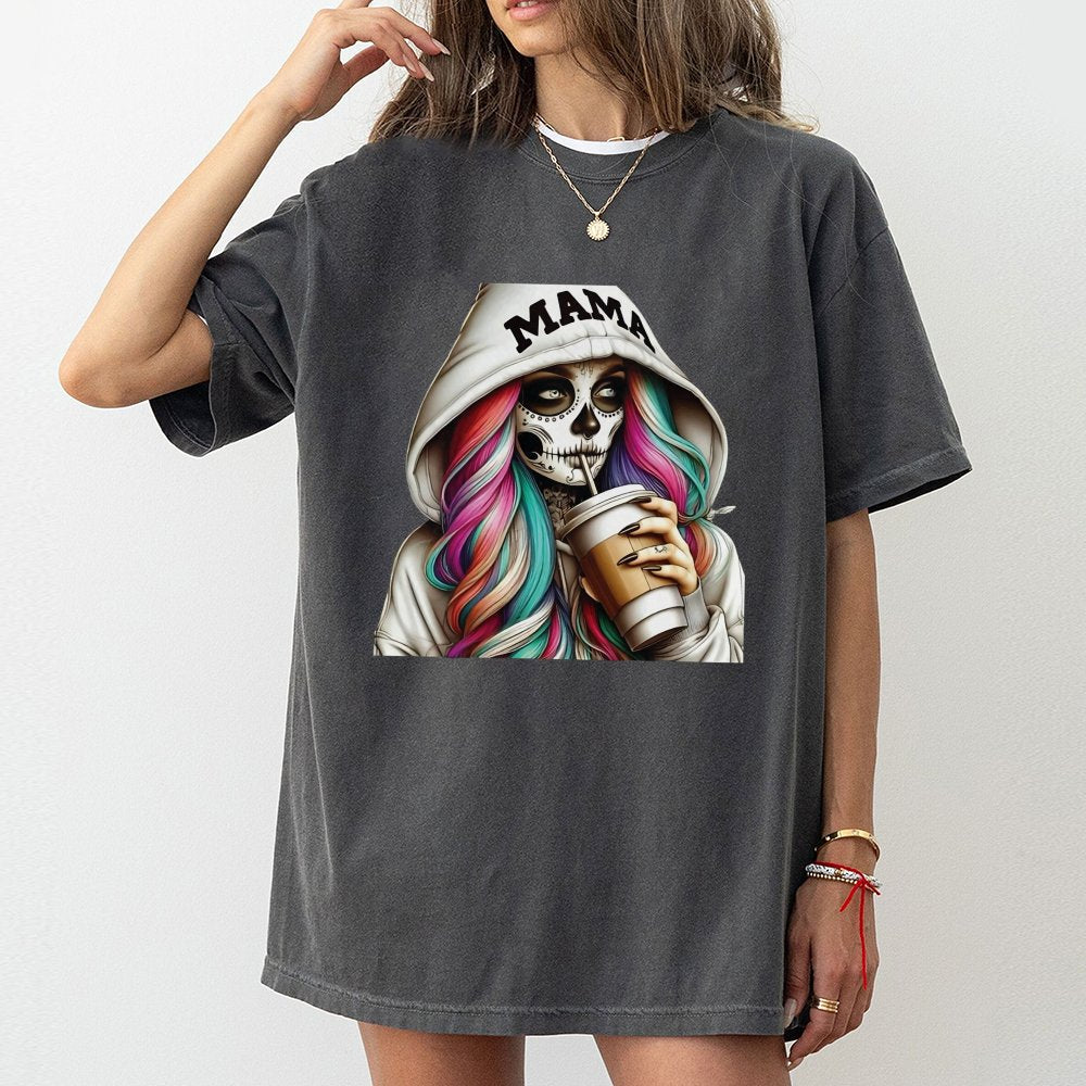 Mama Skeleton Coffee T-Shirt | Boho Day Of The Dead Graphic | Premium 100% Cotton Tee | Trendy Halloween Gift For Moms