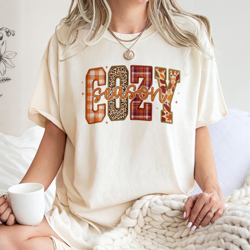 Cozy Season T-Shirt | Plaid Leopard Floral Graphic Design | 100% Cotton Premium Tee | Cute Fall Aesthetic Gift for Her