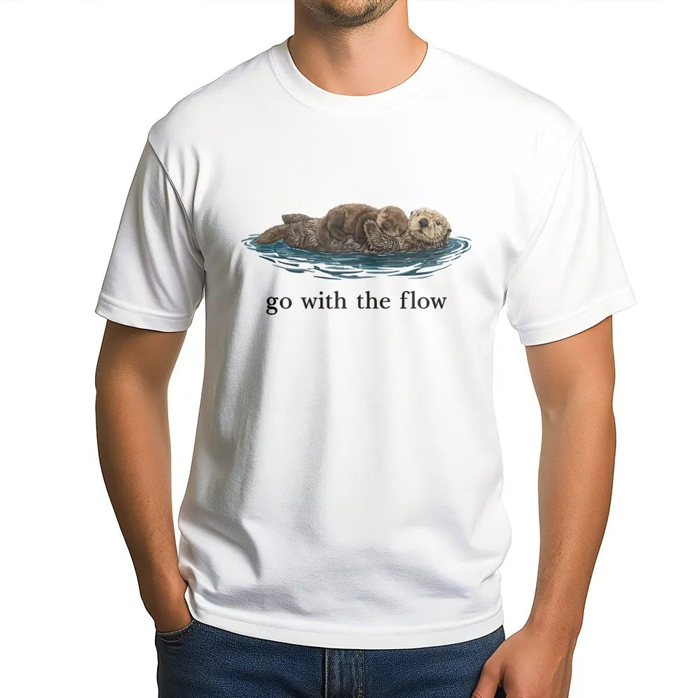 Sea Otter T-Shirt | Go With The Flow Cute Animal Design | Premium 100% Cotton Tee | Gift for Nature and Wildlife Lovers