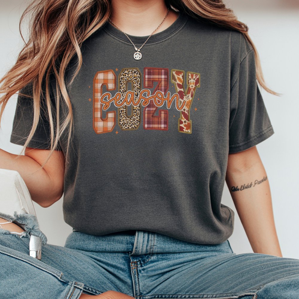 Cozy Season T-Shirt | Plaid Leopard Floral Graphic Design | 100% Cotton Premium Tee | Cute Fall Aesthetic Gift for Her