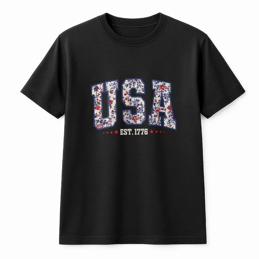 Floral USA Est. 1776 print on a black unisex cotton t-shirt