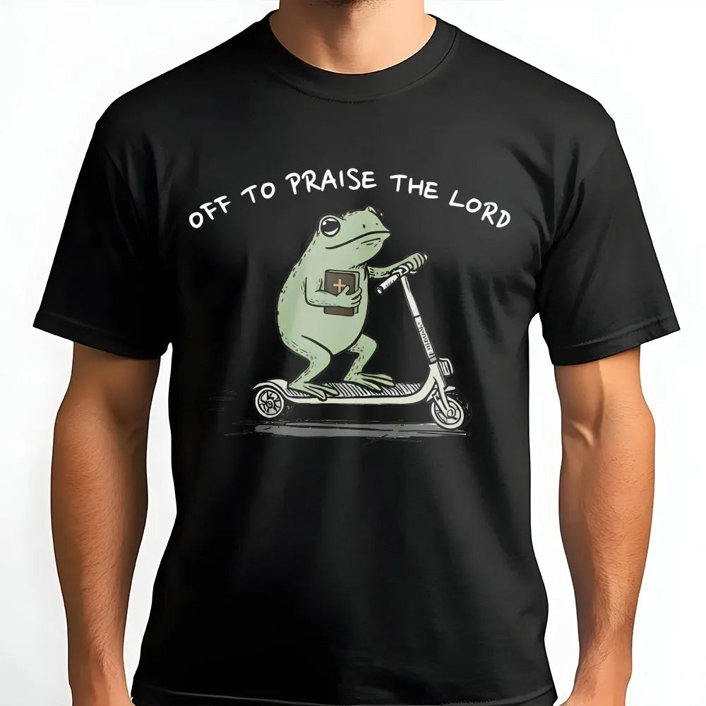 Funny Christian Frog T-Shirt | Off To Praise The Lord Graphic | Premium Cotton-Blend | Bible Study Gift for Men & Women