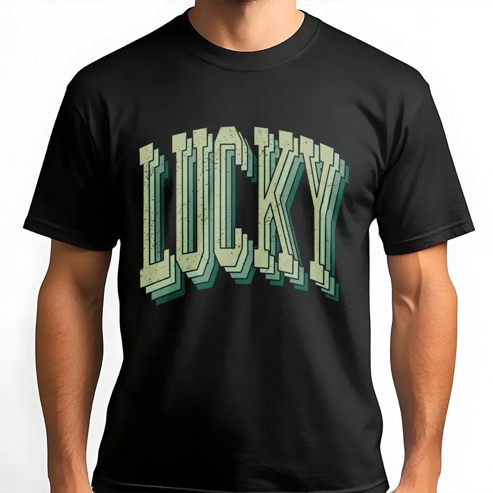 Lucky Graphic T-Shirt | Retro Distressed 70s Typography | 100% Premium Cotton | St Patricks Day Gift for Men and Women