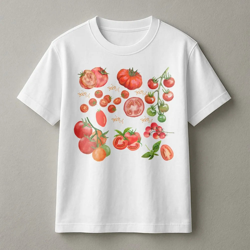Vintage tomato botanical print on a white unisex cotton t-shirt