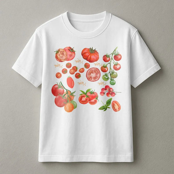 Vintage tomato botanical print on a white unisex cotton t-shirt
