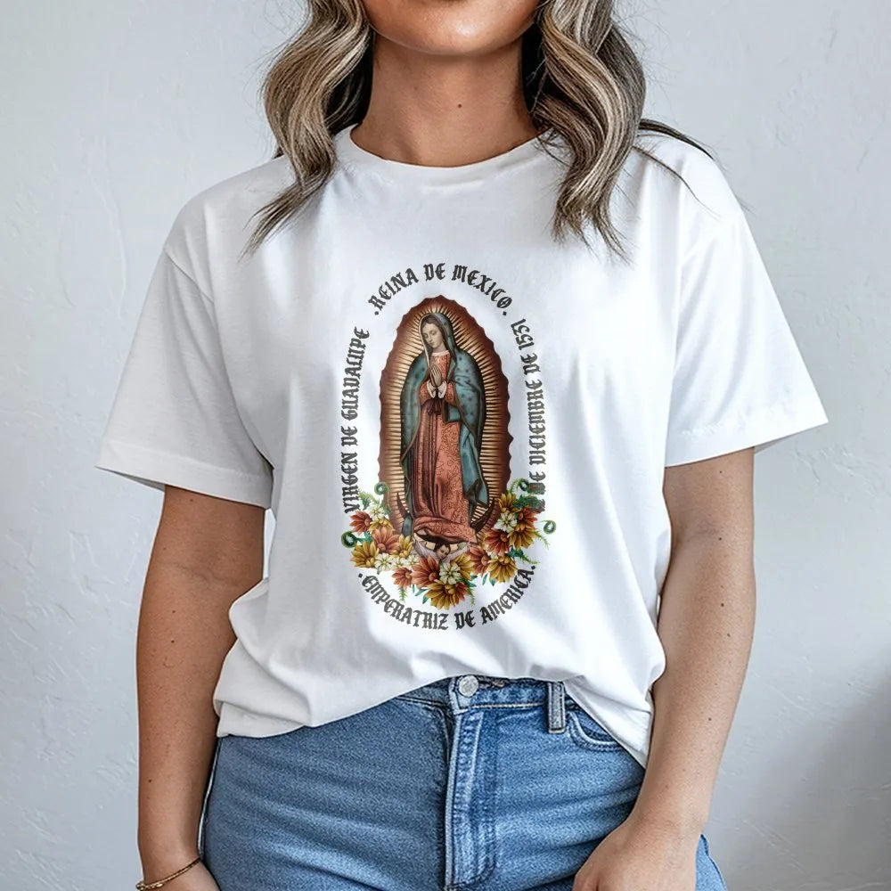 Virgen De Guadalupe T-Shirt | Floral Religious Art Graphic | 100% Premium Cotton Tee | Catholic Gift for Women and Men
