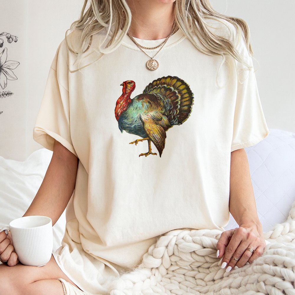 Thanksgiving Turkey T-Shirt | Vintage Bird Graphic Art | 100% Cotton Premium Tee | Cute Fall Gift for Women and Family