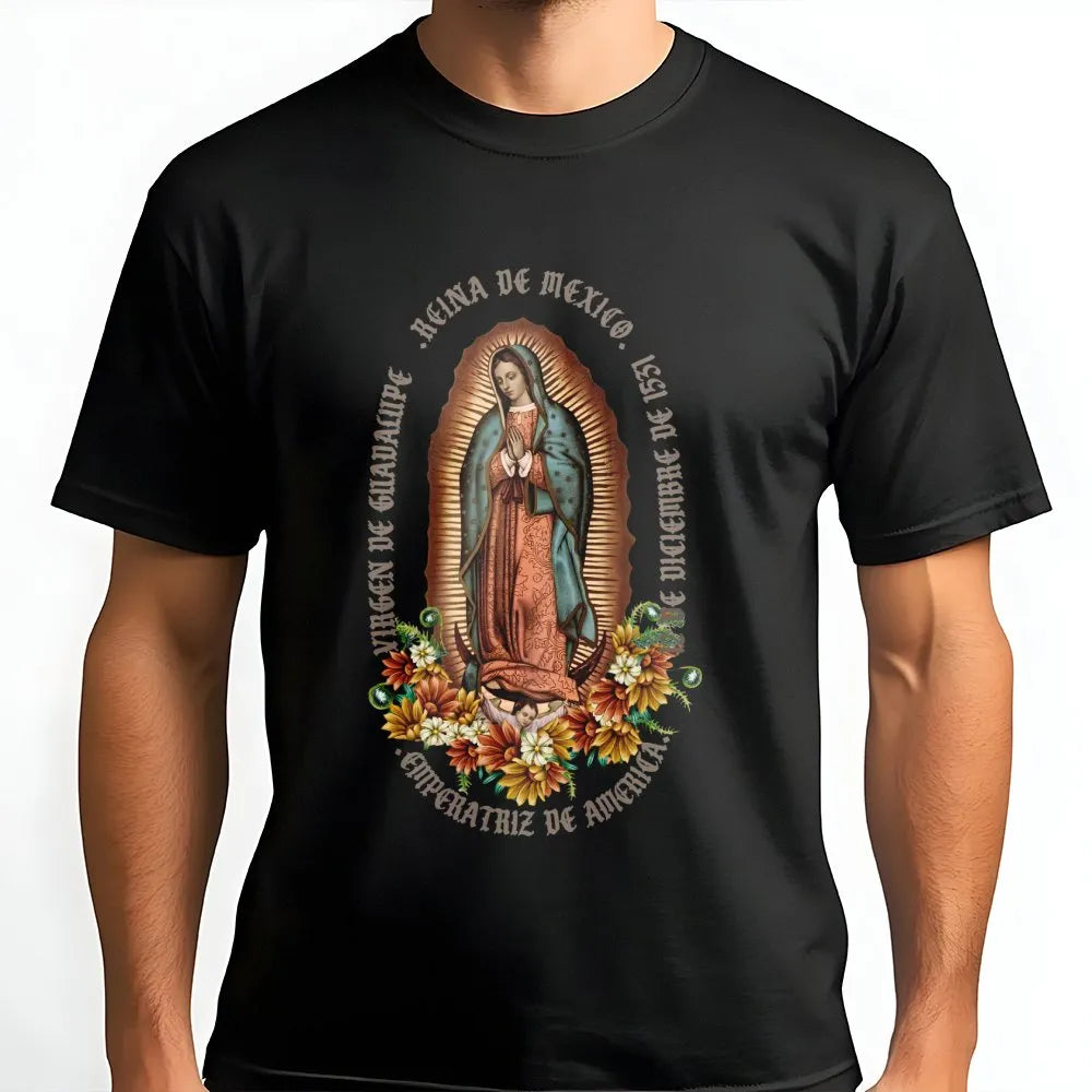 Virgen De Guadalupe T-Shirt | Floral Religious Art Graphic | 100% Premium Cotton Tee | Catholic Gift for Women and Men