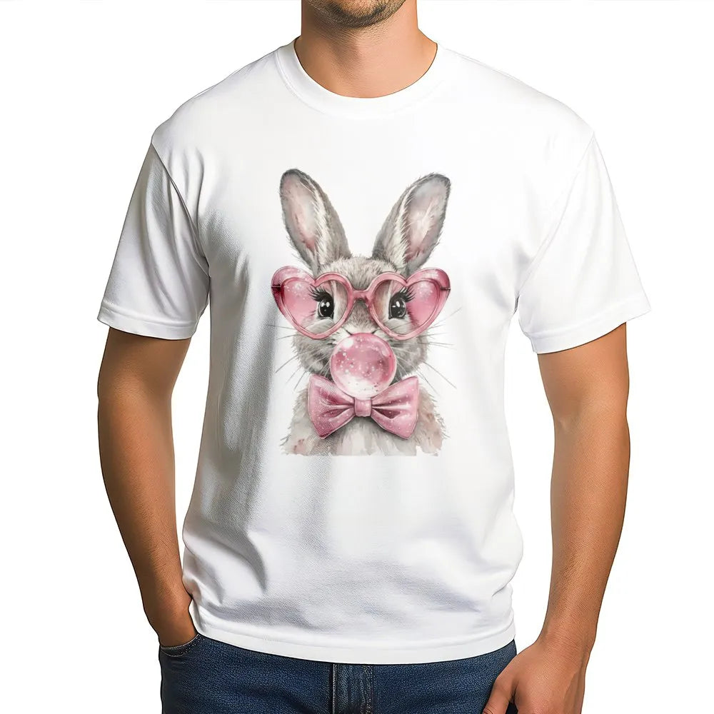 Easter Bunny T-Shirt | Cute Rabbit with Heart Glasses and Bubblegum | Premium 100% Cotton Tee | Gift for Women and Kids