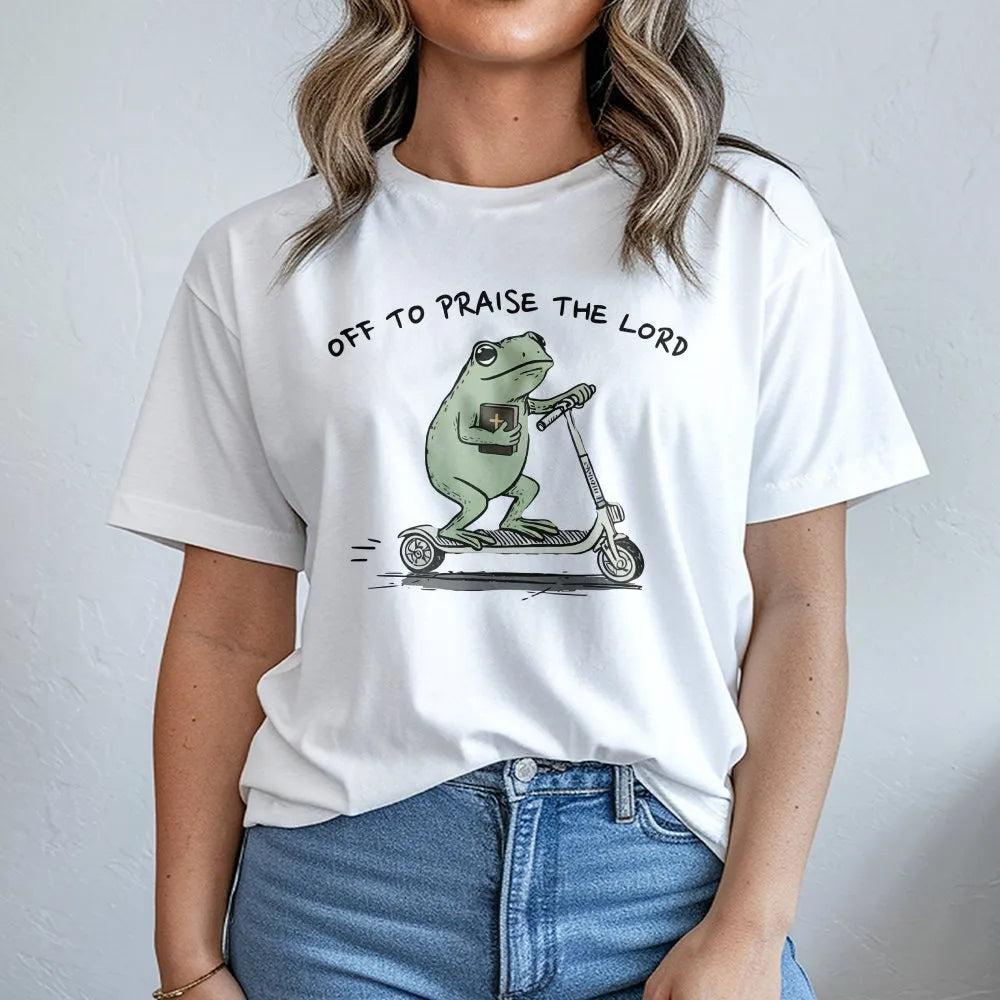 Funny Christian Frog T-Shirt | Off To Praise The Lord Graphic | Premium Cotton-Blend | Bible Study Gift for Men & Women