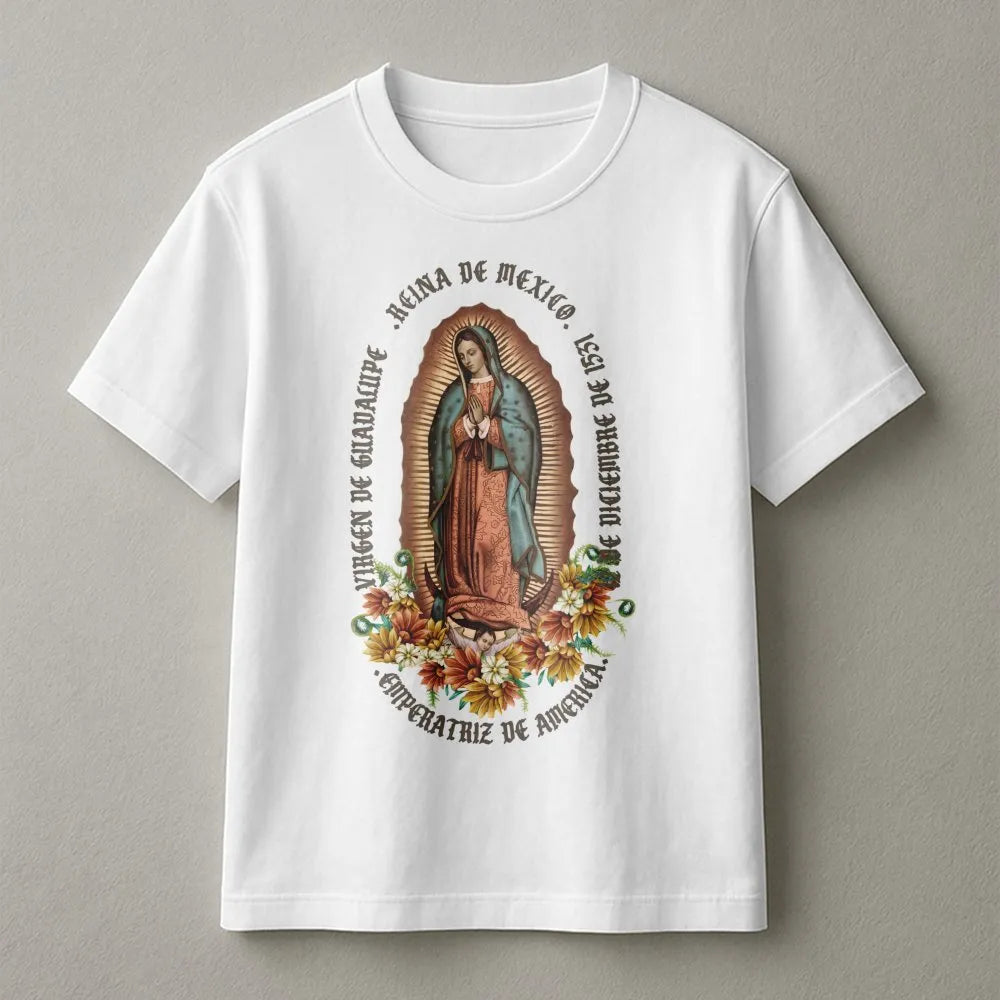 Virgen De Guadalupe T-Shirt | Floral Religious Art Graphic | 100% Premium Cotton Tee | Catholic Gift for Women and Men