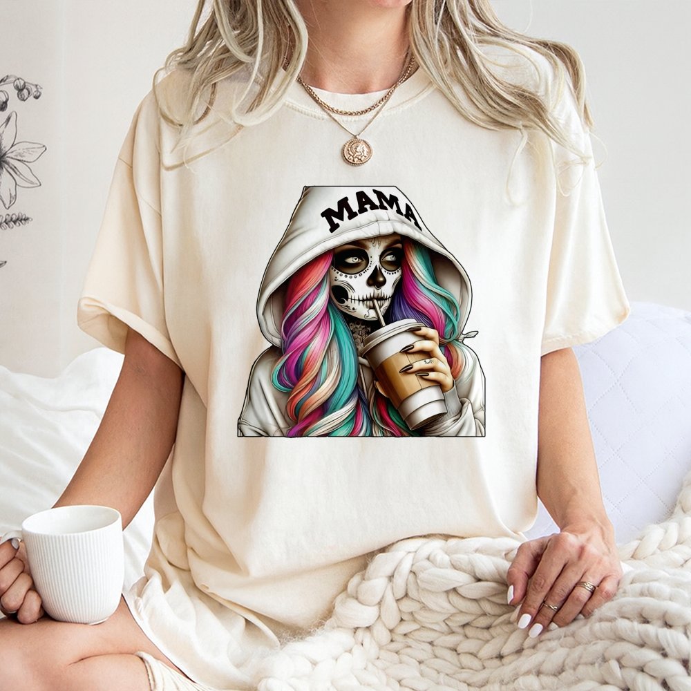 Mama Skeleton Coffee T-Shirt | Boho Day Of The Dead Graphic | Premium 100% Cotton Tee | Trendy Halloween Gift For Moms