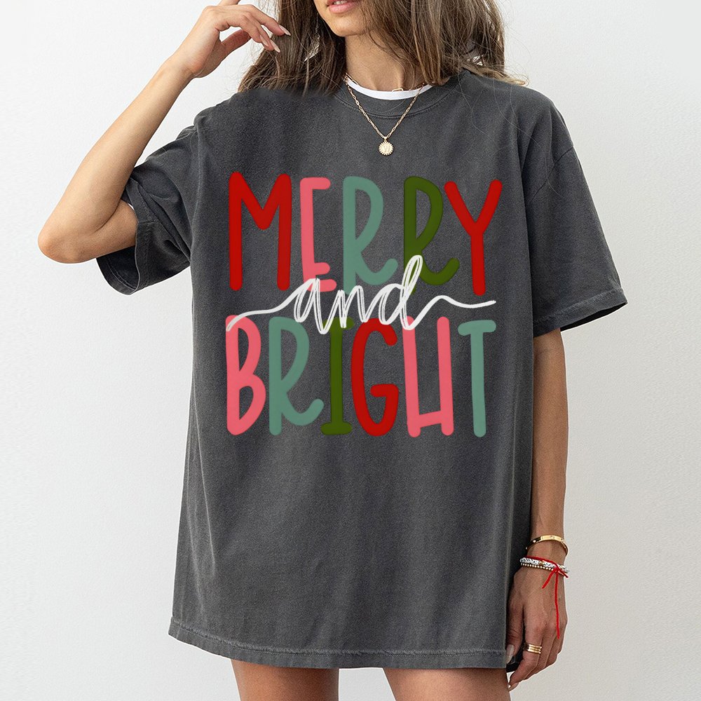 Merry And Bright T-Shirt | Festive Typography Graphic Tee | 100% Premium Cotton | Matching Family Christmas Shirt Gift
