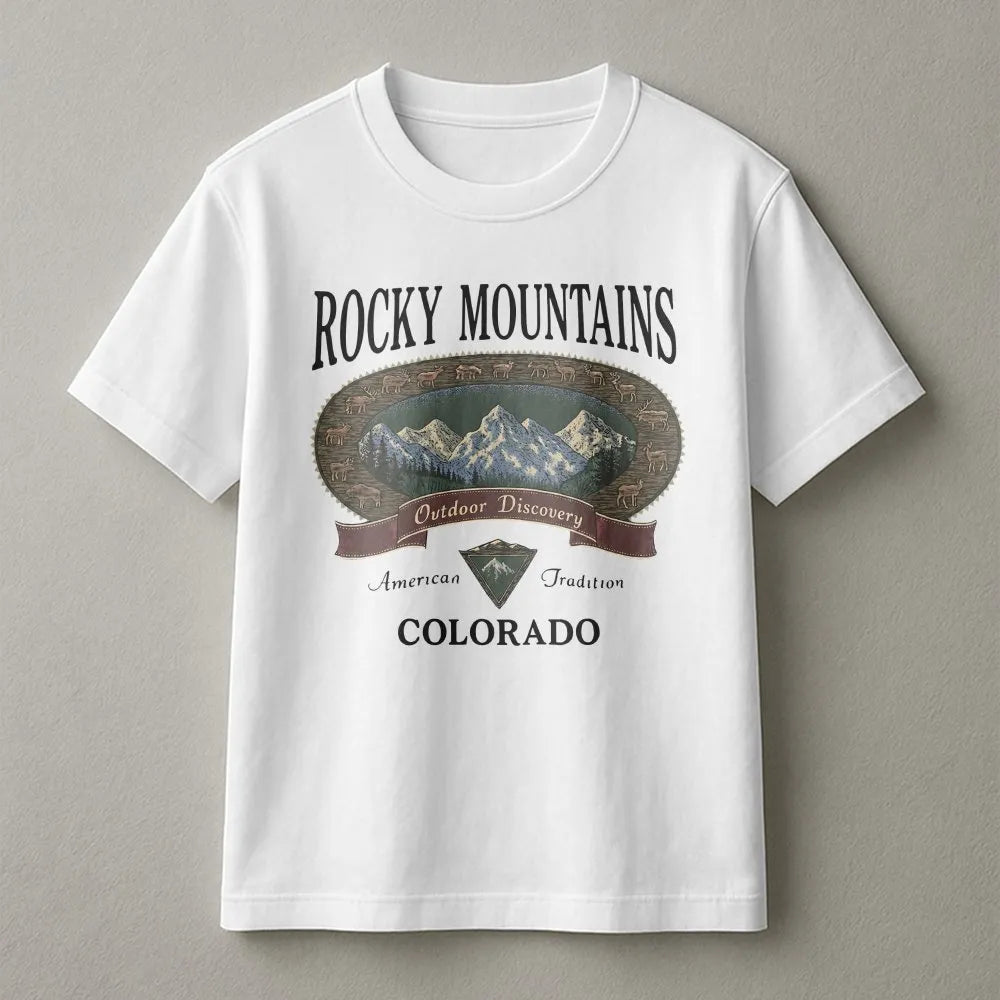 Rocky Mountains T-Shirt | Vintage Colorado Nature Graphic | 100% Cotton Premium Tee | Outdoor Adventure Gift for Hikers