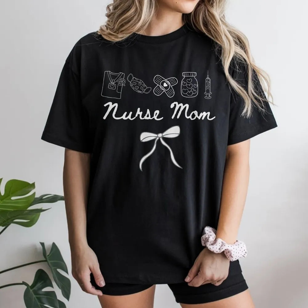 Nurse Mom Shirt | Cute Medical Icons & Bow Graphic | Premium Comfort Colors Cotton | Mother's Day Gift for School Nurse