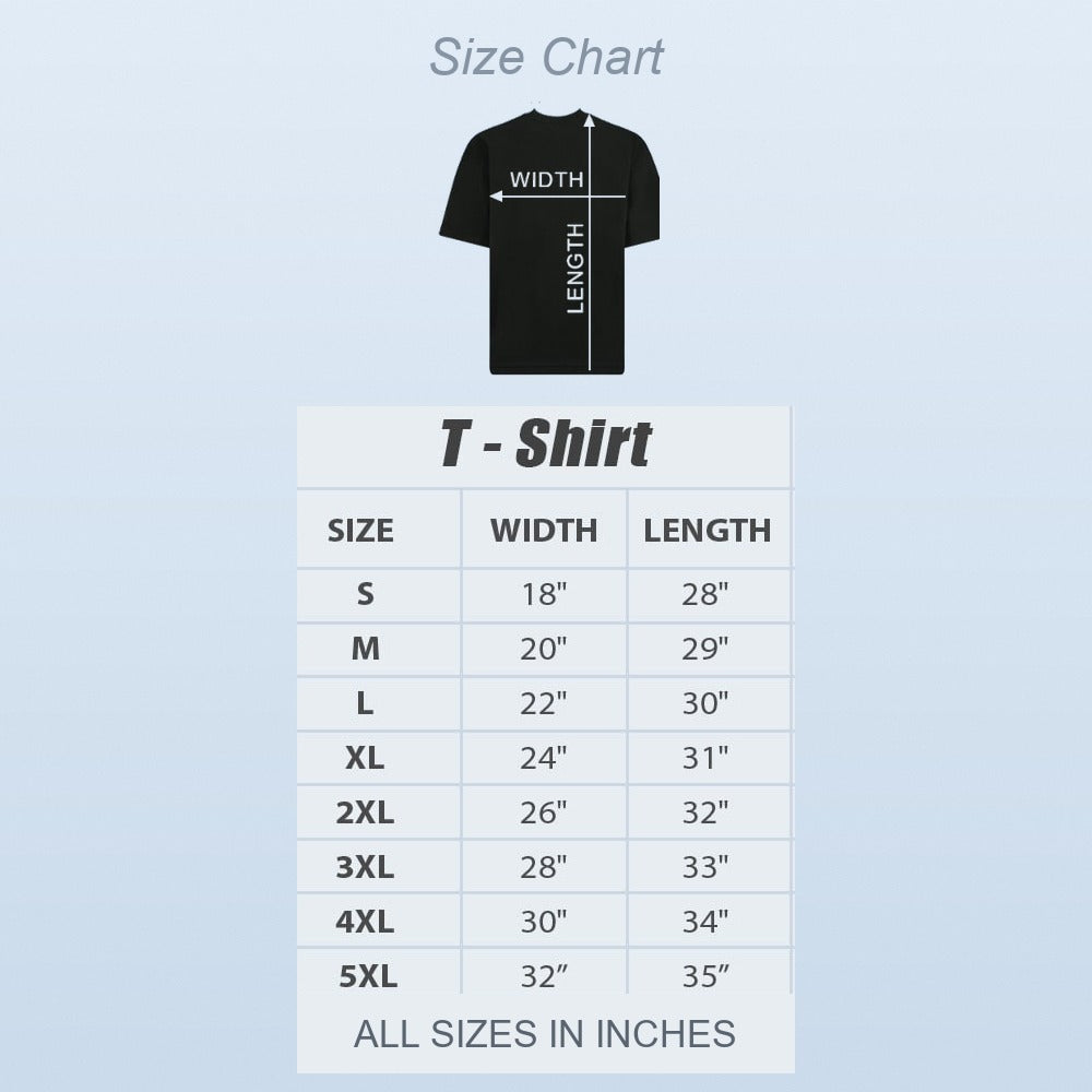 T-shirt size chart with width and length measurements in inches for sizes S to 5XL